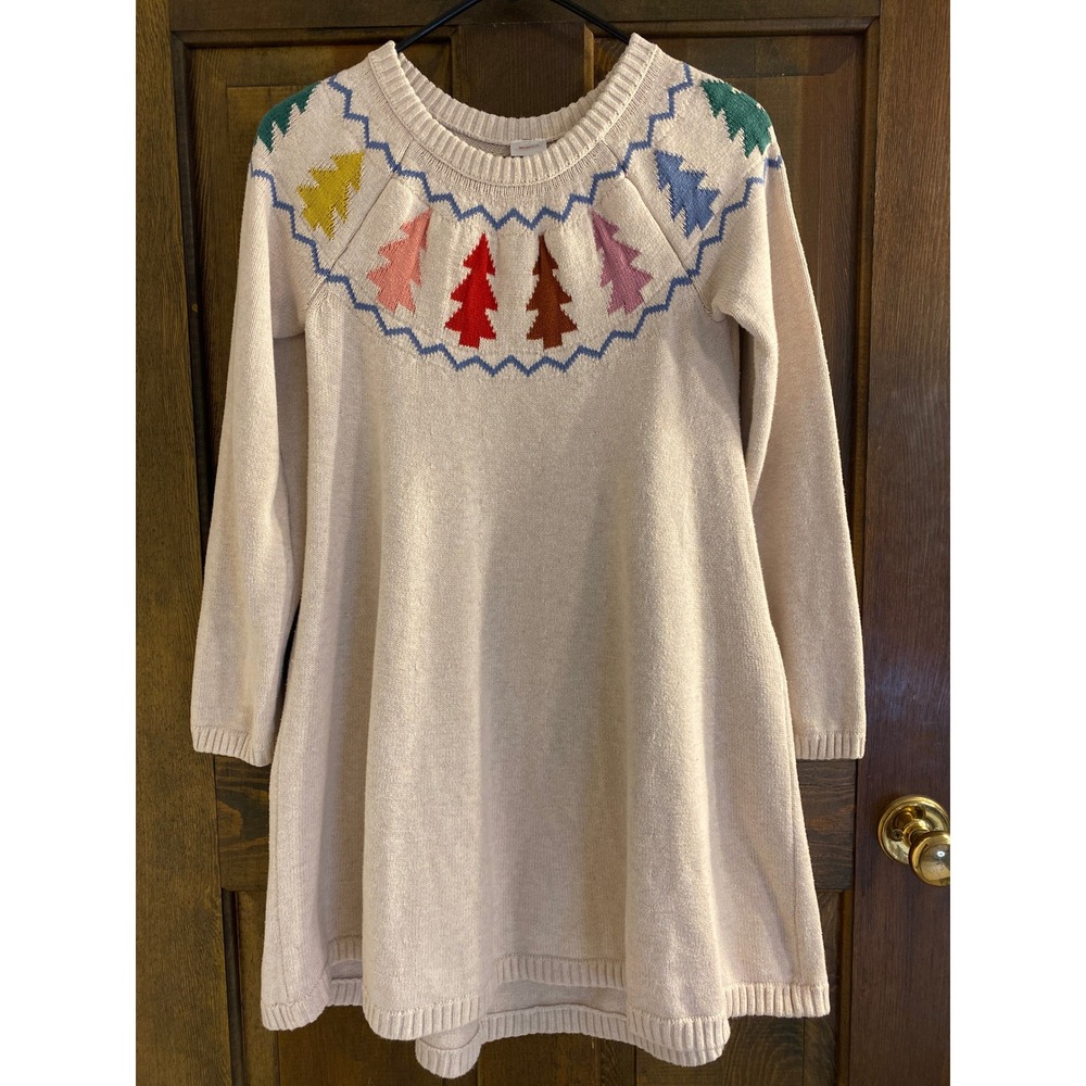Hanna Andersson Kids 150 US 12 Cotton Sweater Dress Holiday Pine Tree Beige